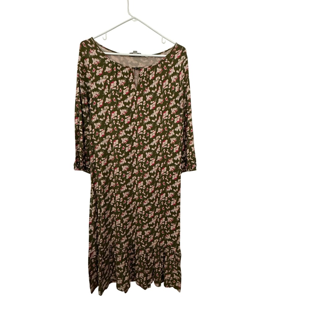 Boden Floral Jersey Dress Womens Size 10 Olive Green Pink 3/4 Sleeve Midi Ruffle